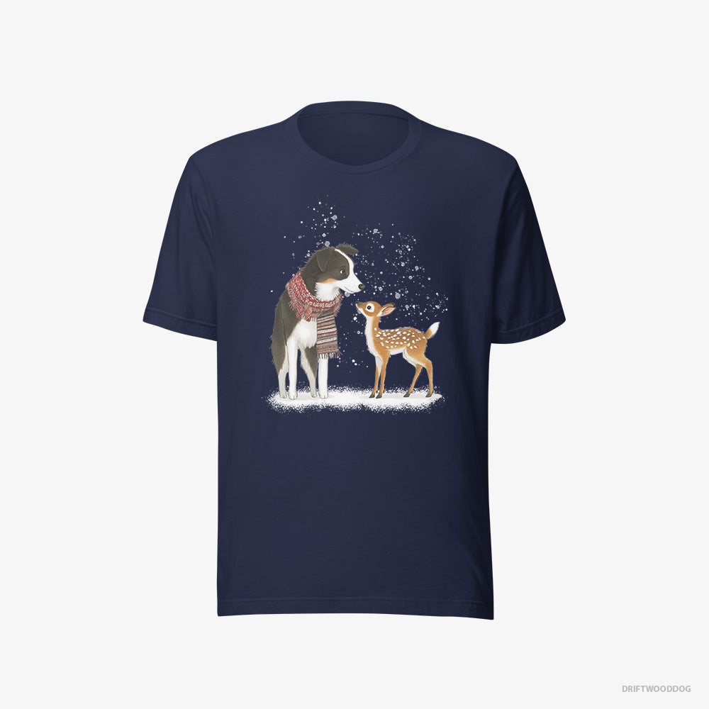 Border Collie T-Shirt – Women Navy T-Shirt Eco-Friendly – Meeting a Little Reindeer (on White Background)