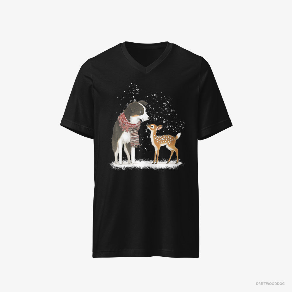 Border Collie T-Shirt – Men Black T-Shirt V-Neck – Meeting a Little Reindeer (on White Background)