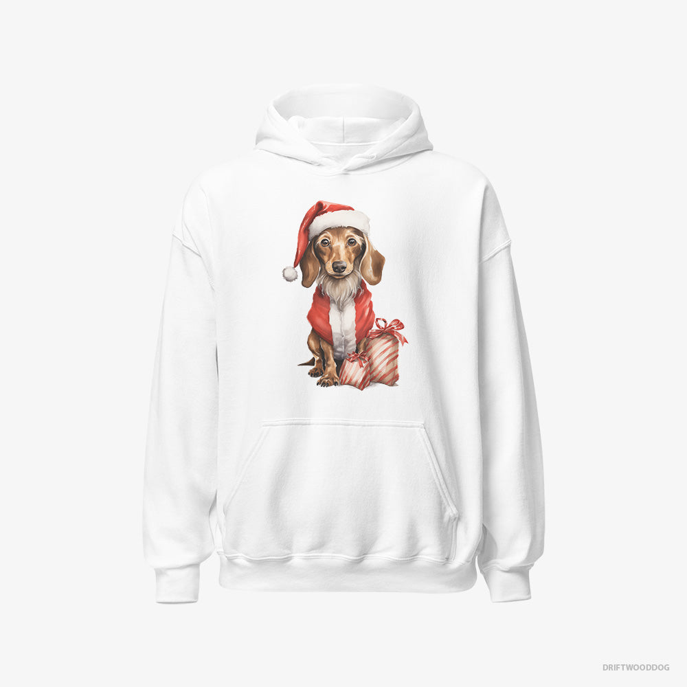 Dachshund Hoodie – Men White Hoodie Classic – in a Santa Costume with Christmas Bags (on White Background)