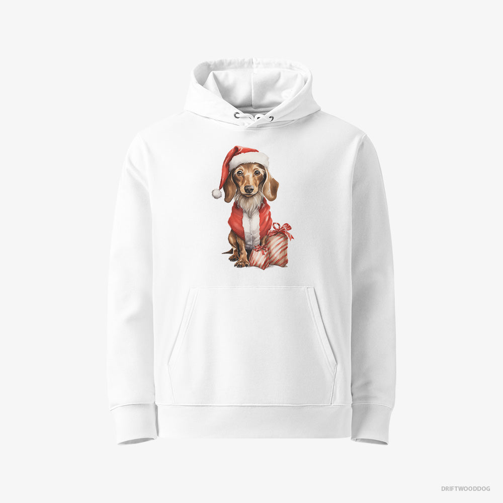 Dachshund Hoodie – Women White Hoodie Eco-Friendly – in a Santa Costume with Christmas Bags (on White Background)