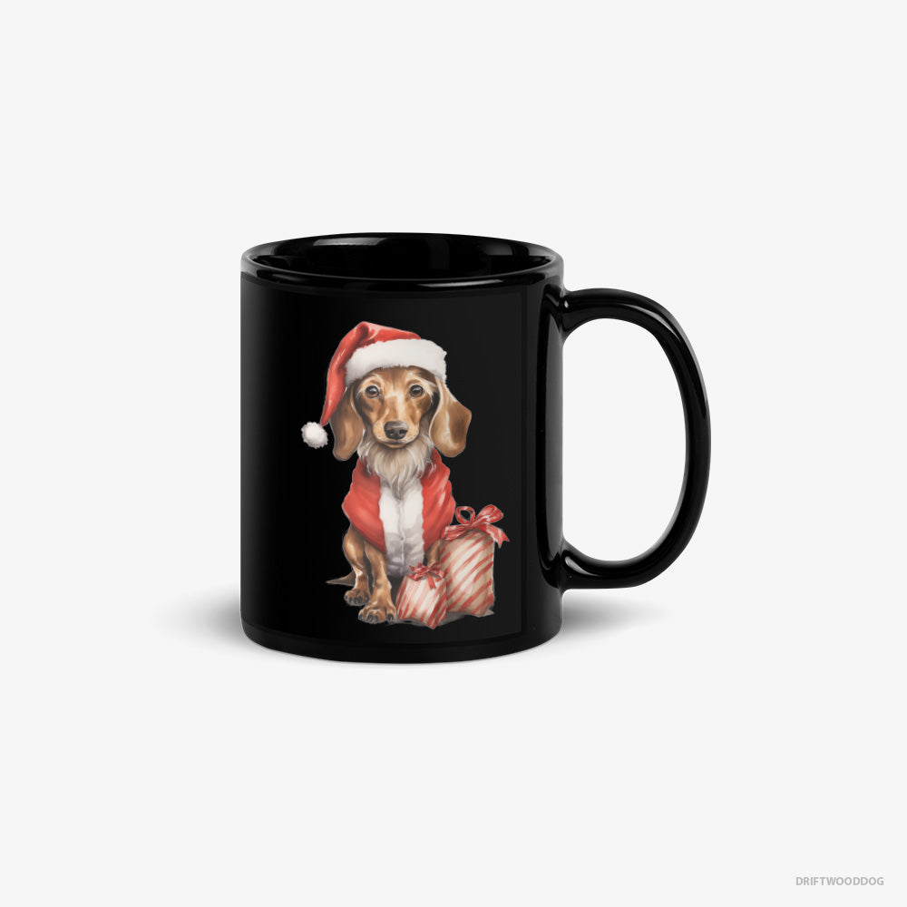 Dachshund Mug – Unisex Black Mug Classic – in a Santa Costume with Christmas Bags (on White Background)