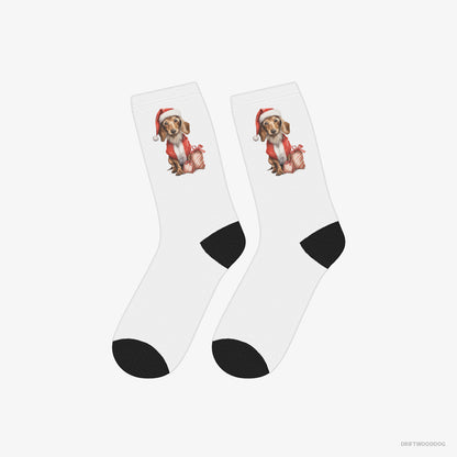 Dachshund Socks – Unisex White Socks Classic – in a Santa Costume with Christmas Bags (on White Background)