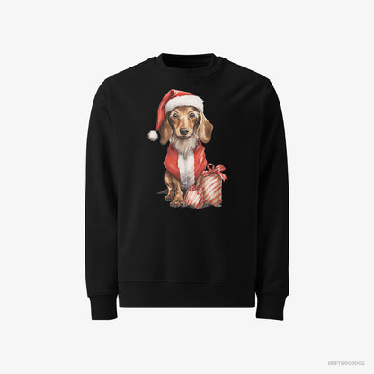 Dachshund Sweatshirt – Men Black Sweatshirt Classic – in a Santa Costume with Christmas Bags (on White Background)