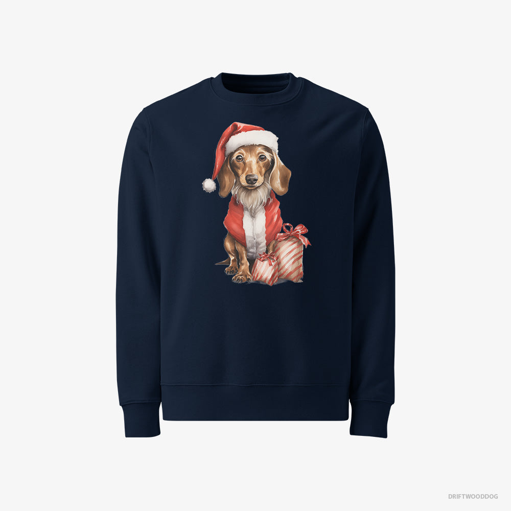 Dachshund Sweatshirt – Men Navy Sweatshirt Classic – in a Santa Costume with Christmas Bags (on White Background)