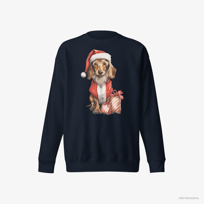 Dachshund Sweatshirt – Women Navy Sweatshirt Eco-Friendly – in a Santa Costume with Christmas Bags (on White Background)