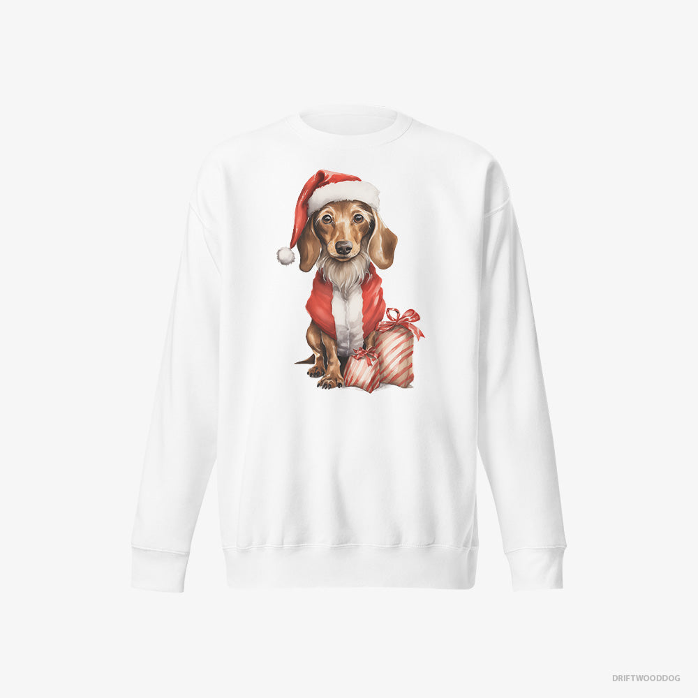 Dachshund Sweatshirt – Women White Sweatshirt Eco-Friendly – in a Santa Costume with Christmas Bags (on White Background)