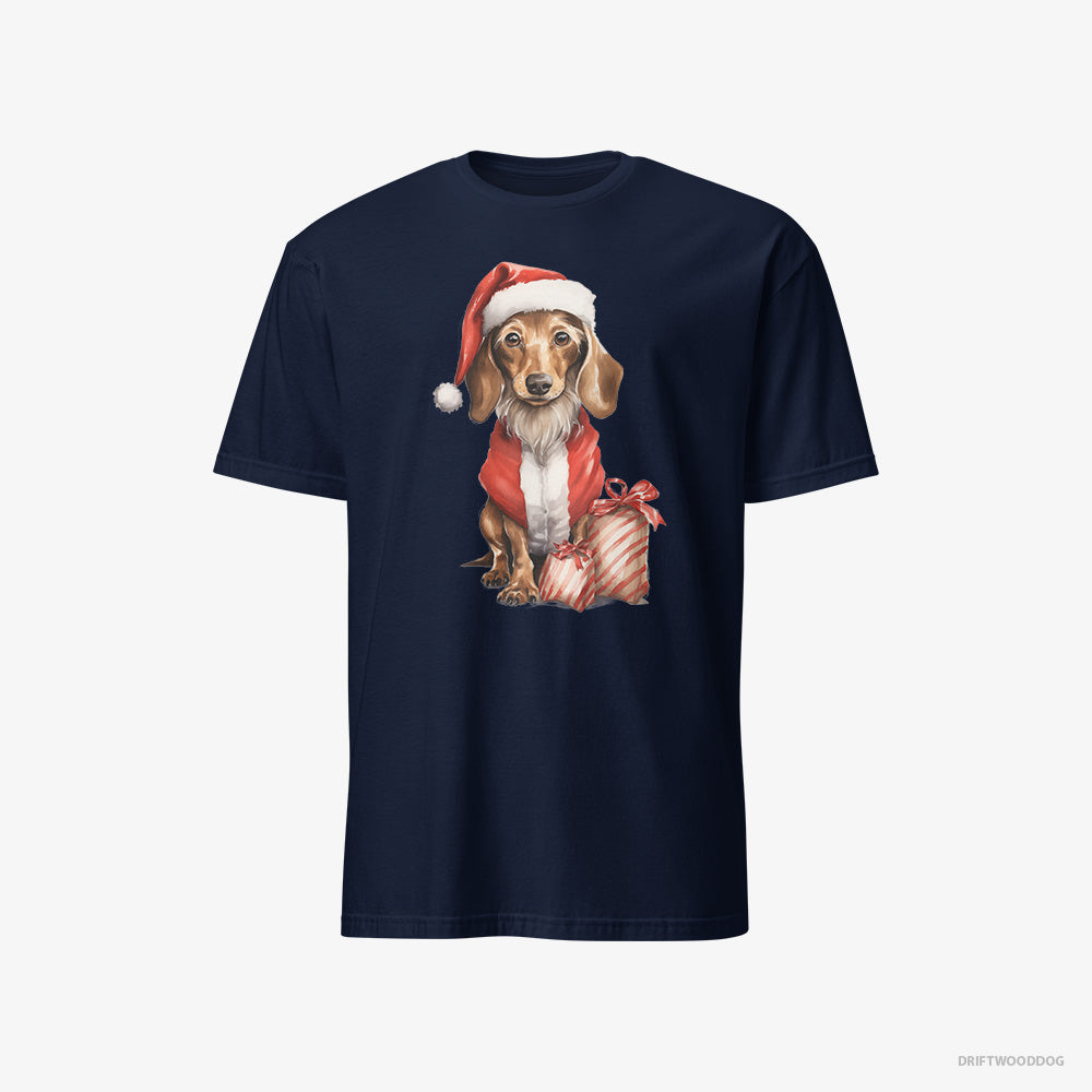 Dachshund T-Shirt – Men Navy T-Shirt Classic – in a Santa Costume with Christmas Bags (on White Background)