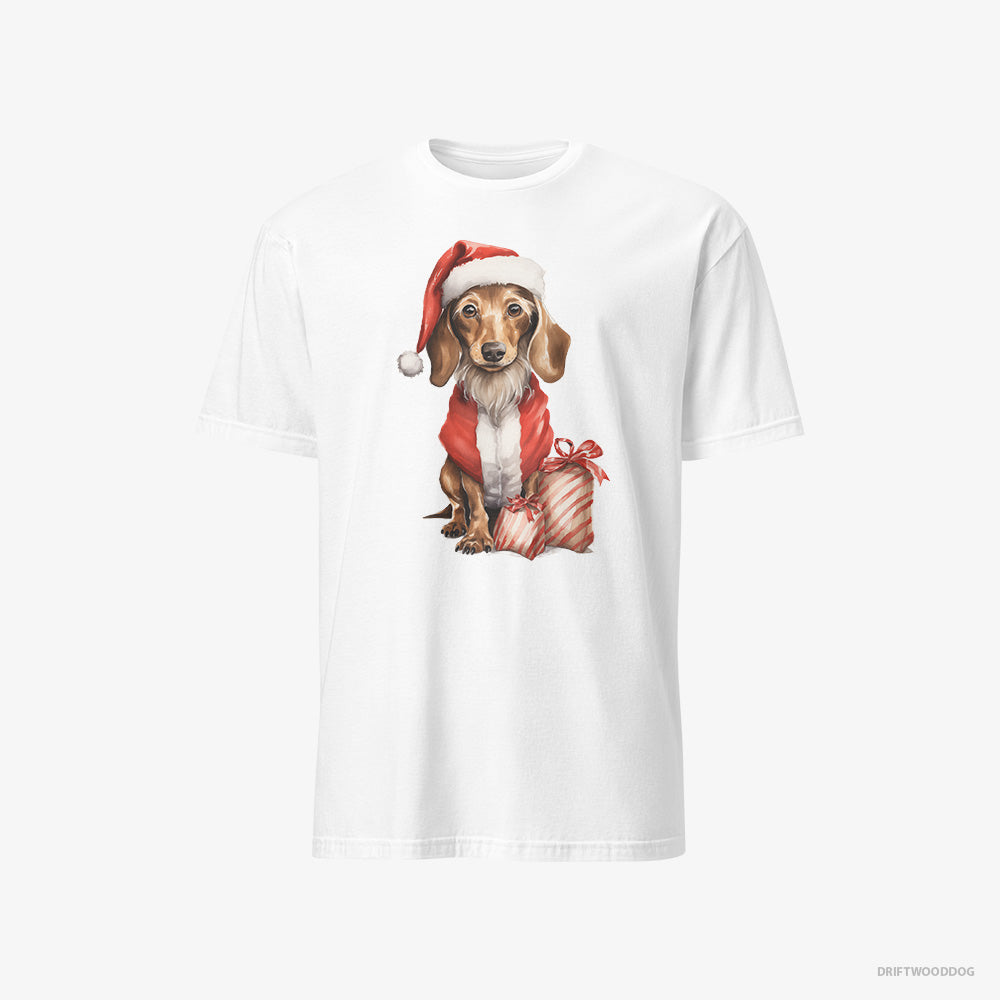 Dachshund T-Shirt – Men White T-Shirt Classic – in a Santa Costume with Christmas Bags (on White Background)