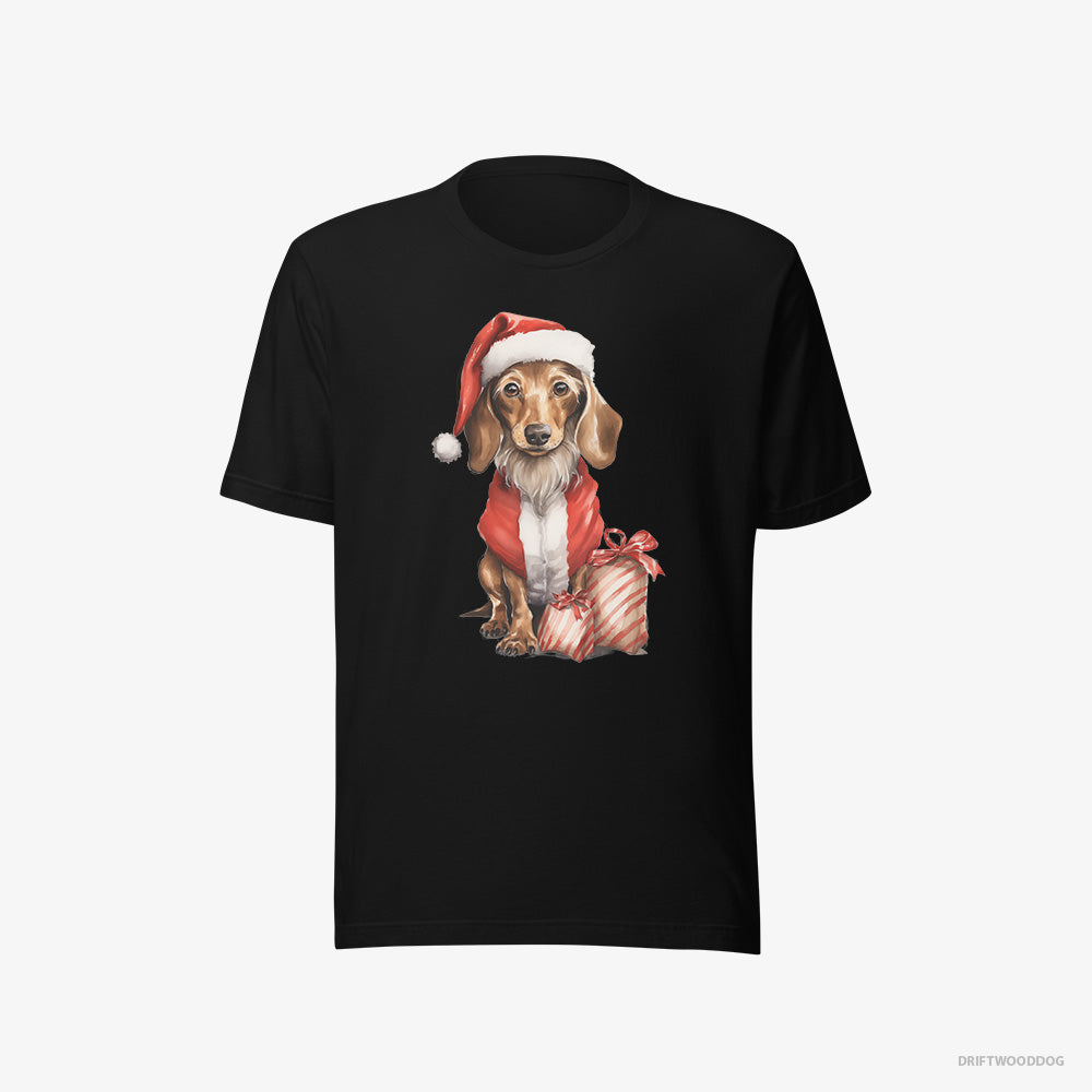 Dachshund T-Shirt – Men Black T-Shirt Eco-Friendly – in a Santa Costume with Christmas Bags (on White Background)