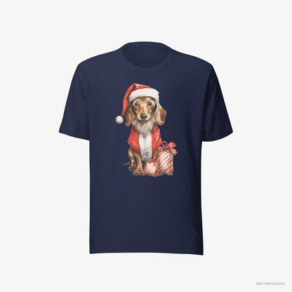 Dachshund T-Shirt – Men Navy T-Shirt Eco-Friendly – in a Santa Costume with Christmas Bags (on White Background)