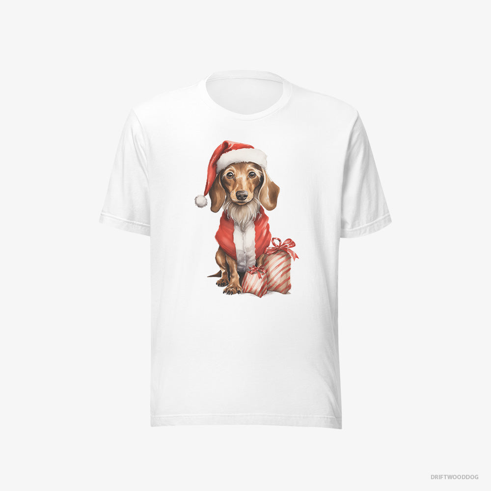 Dachshund T-Shirt – Women White T-Shirt Eco-Friendly – in a Santa Costume with Christmas Bags (on White Background)