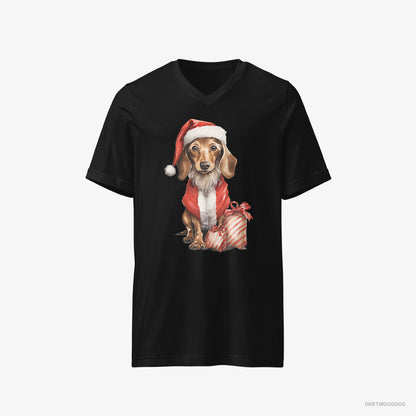 Dachshund T-Shirt – Men Black T-Shirt V-Neck – in a Santa Costume with Christmas Bags (on White Background)