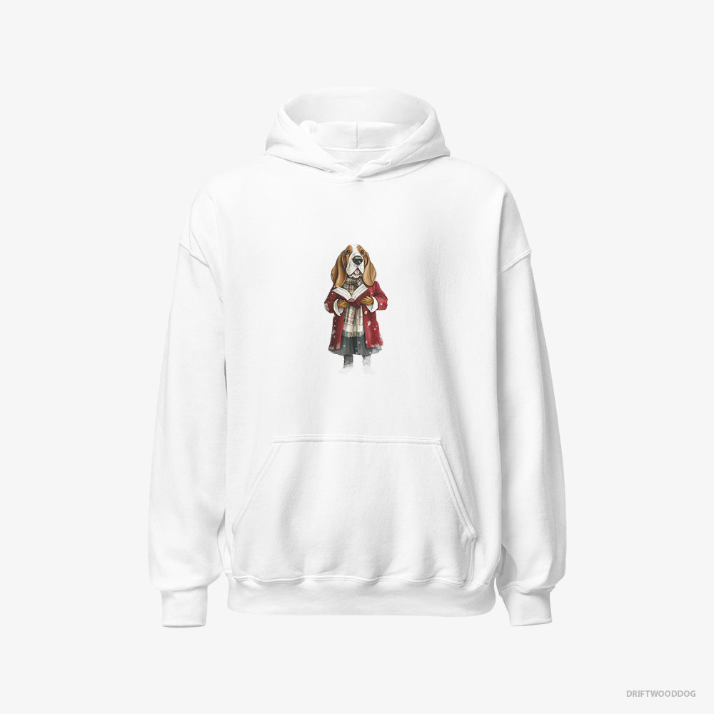 Basset Hound Hoodie – Men White Hoodie Classic – Belting Out Christmas Carols (on White Background)