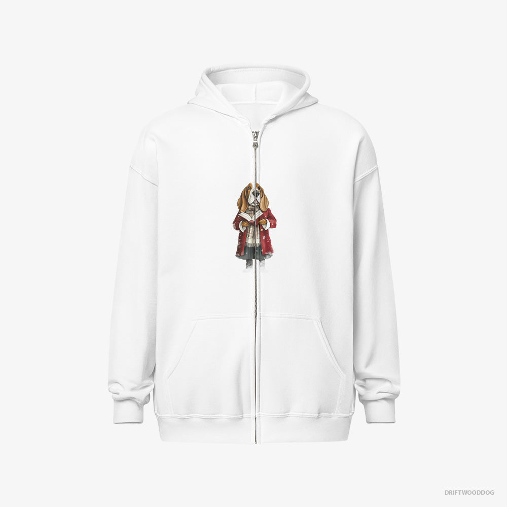 Basset Hound Hoodie – Men White Hoodie Full-Zip – Belting Out Christmas Carols (on White Background)