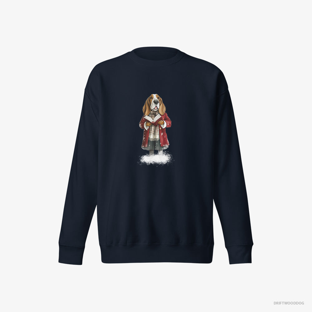 Basset Hound Sweatshirt – Women Navy Sweatshirt Eco-Friendly – Belting Out Christmas Carols (on White Background)