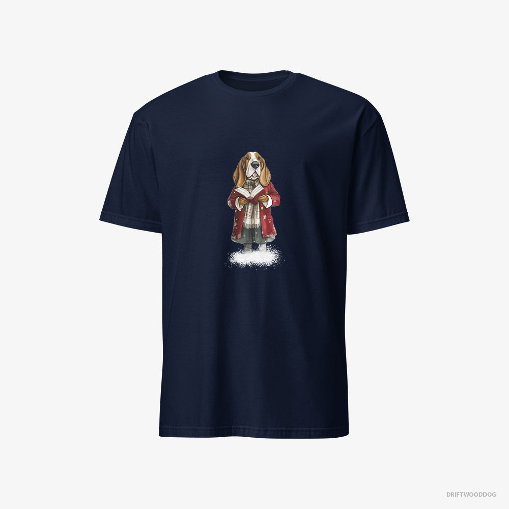 Basset Hound T-Shirt – Women Navy T-Shirt Classic – Belting Out Christmas Carols (on White Background)