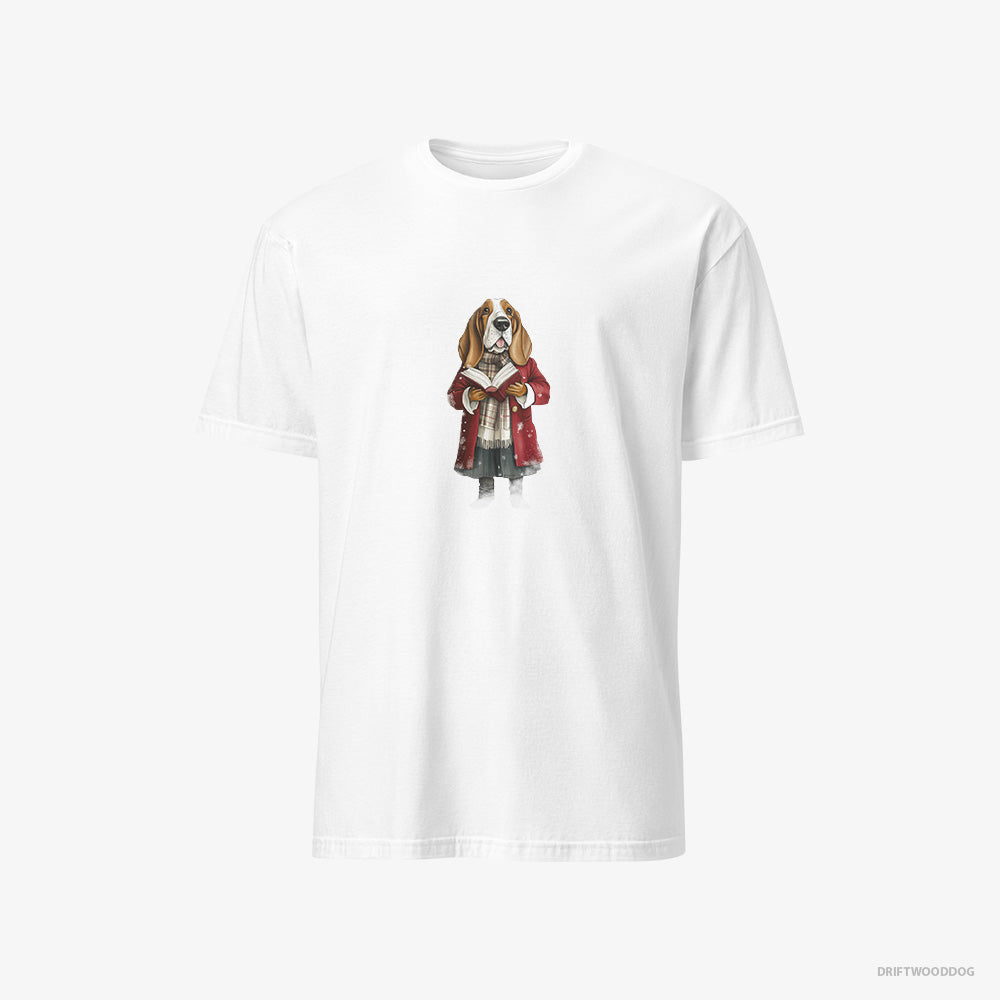 Basset Hound T-Shirt – Men White T-Shirt Classic – Belting Out Christmas Carols (on White Background)