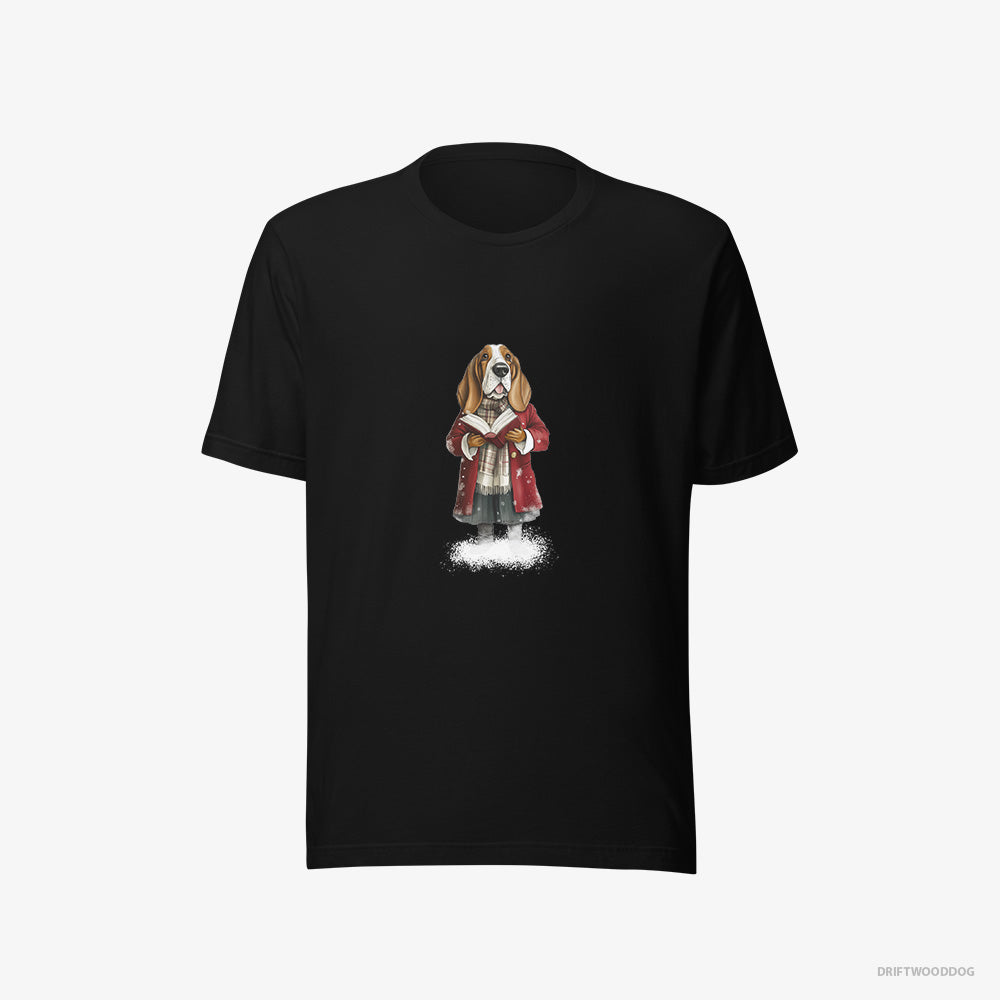 Basset Hound T-Shirt – Men Black T-Shirt Eco-Friendly – Belting Out Christmas Carols (on White Background)