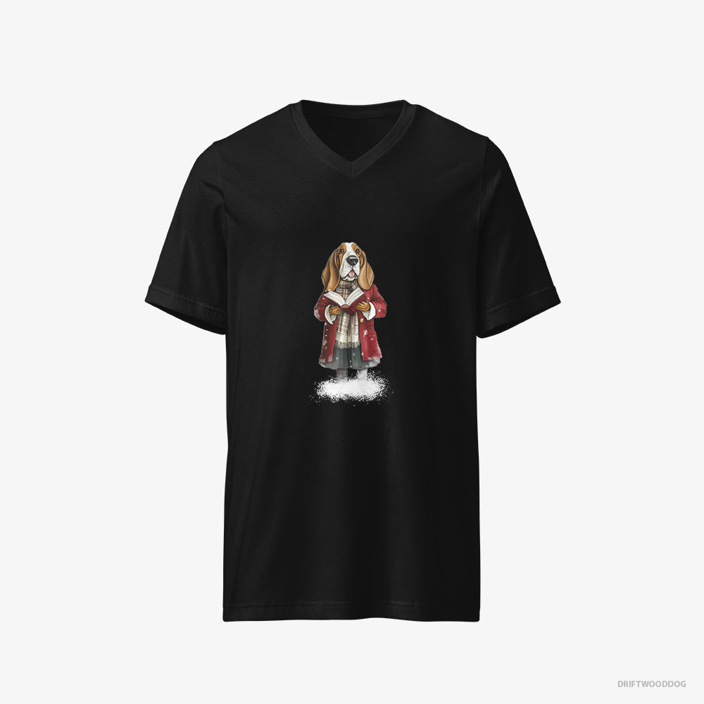 Basset Hound T-Shirt – Men Black T-Shirt V-Neck – Belting Out Christmas Carols (on White Background)