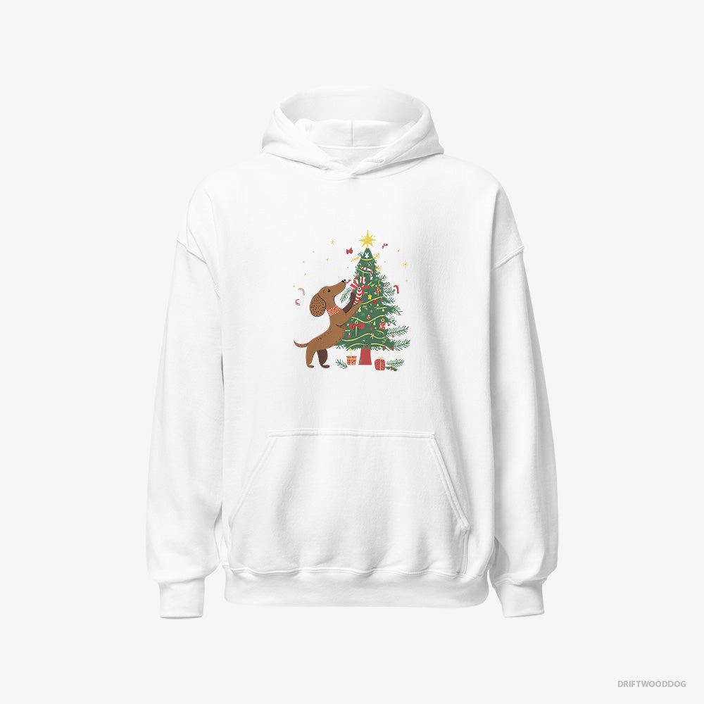 Dachshund Hoodie – Men White Hoodie Classic – Decorating the Christmas Tree (on White Background)