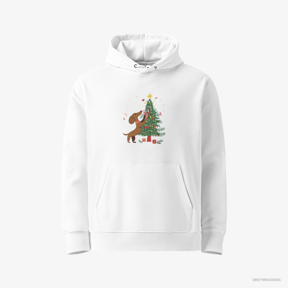 Dachshund Hoodie – Women White Hoodie Eco-Friendly – Decorating the Christmas Tree (on White Background)