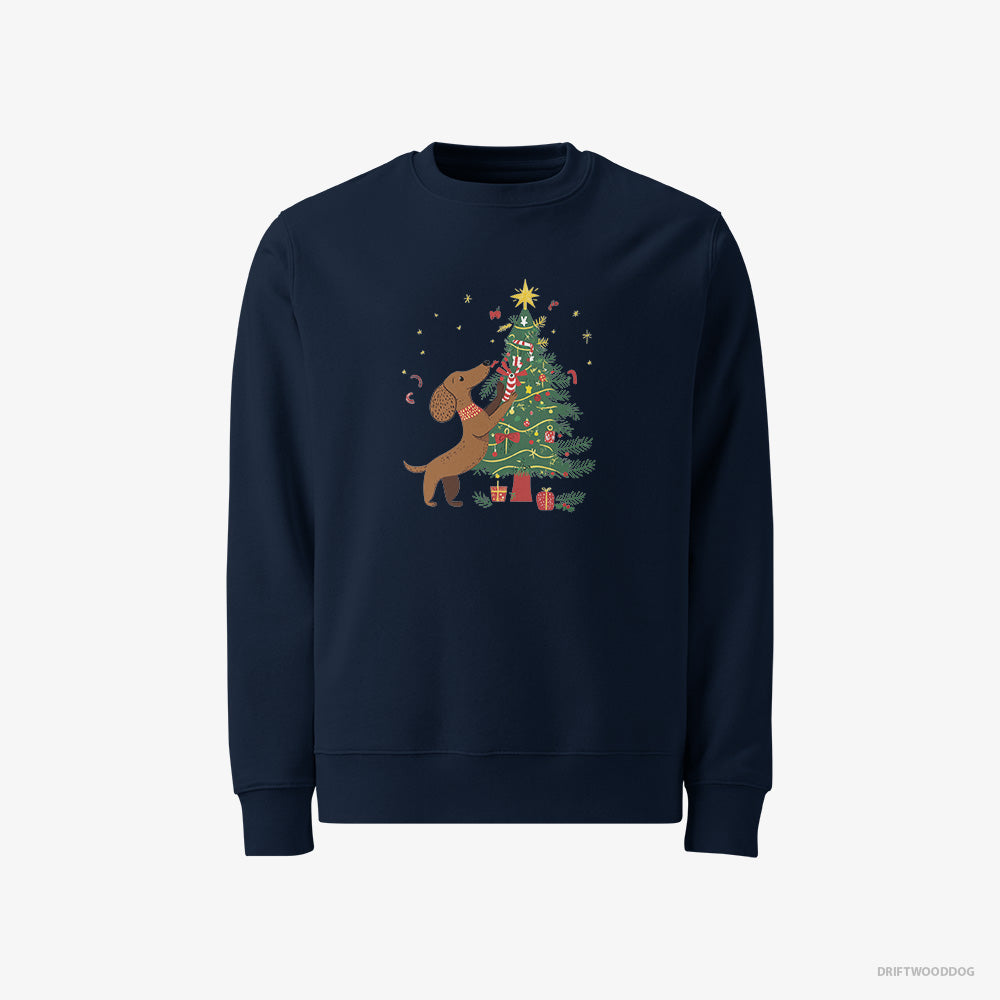 Dachshund Sweatshirt – Men Navy Sweatshirt Classic – Decorating the Christmas Tree (on White Background)