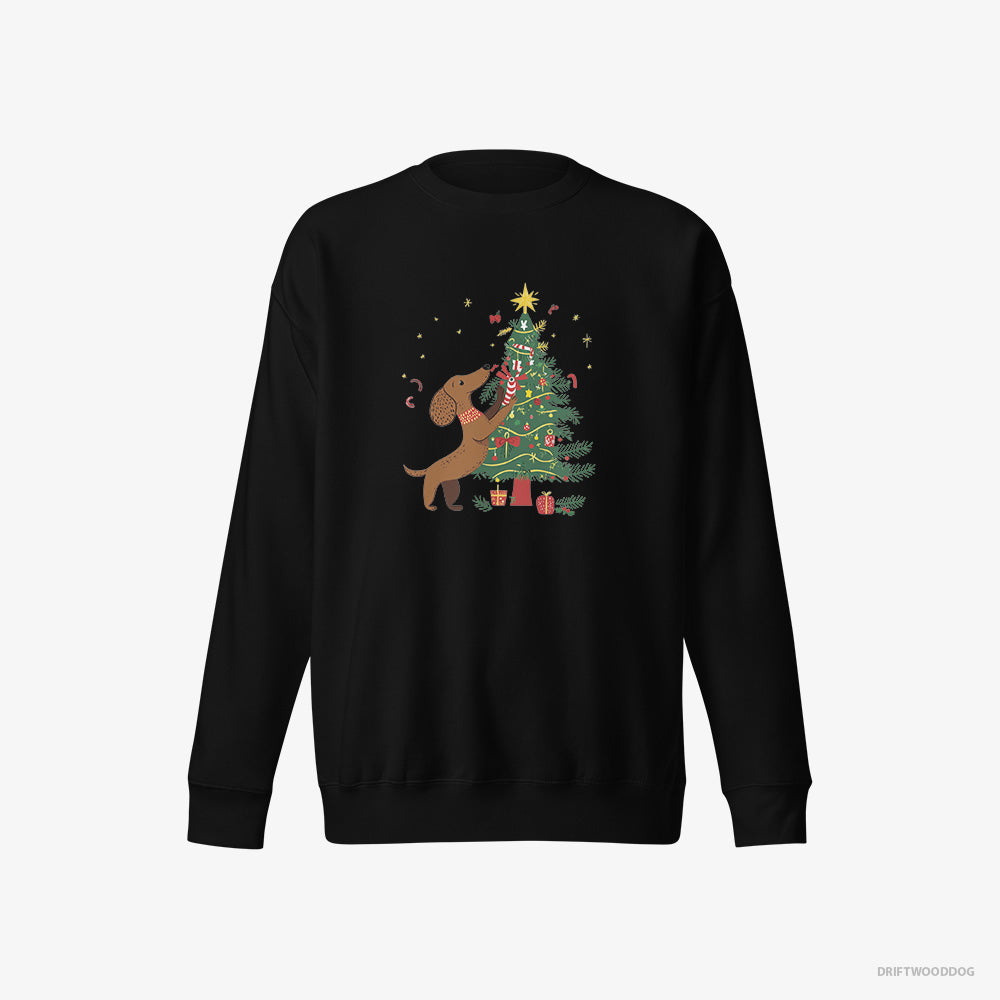 Dachshund Sweatshirt – Women Black Sweatshirt Eco-Friendly – Decorating the Christmas Tree (on White Background)