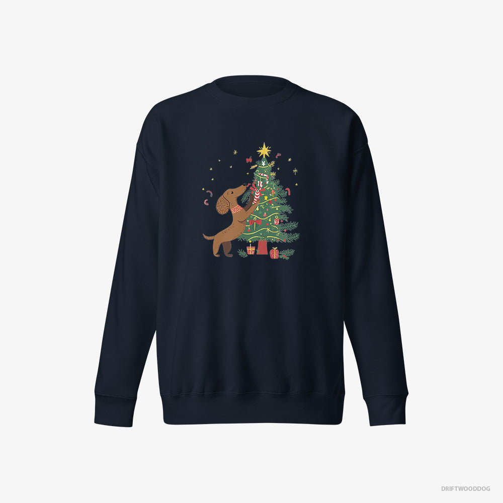 Dachshund Sweatshirt – Men Navy Sweatshirt Eco-Friendly – Decorating the Christmas Tree (on White Background)