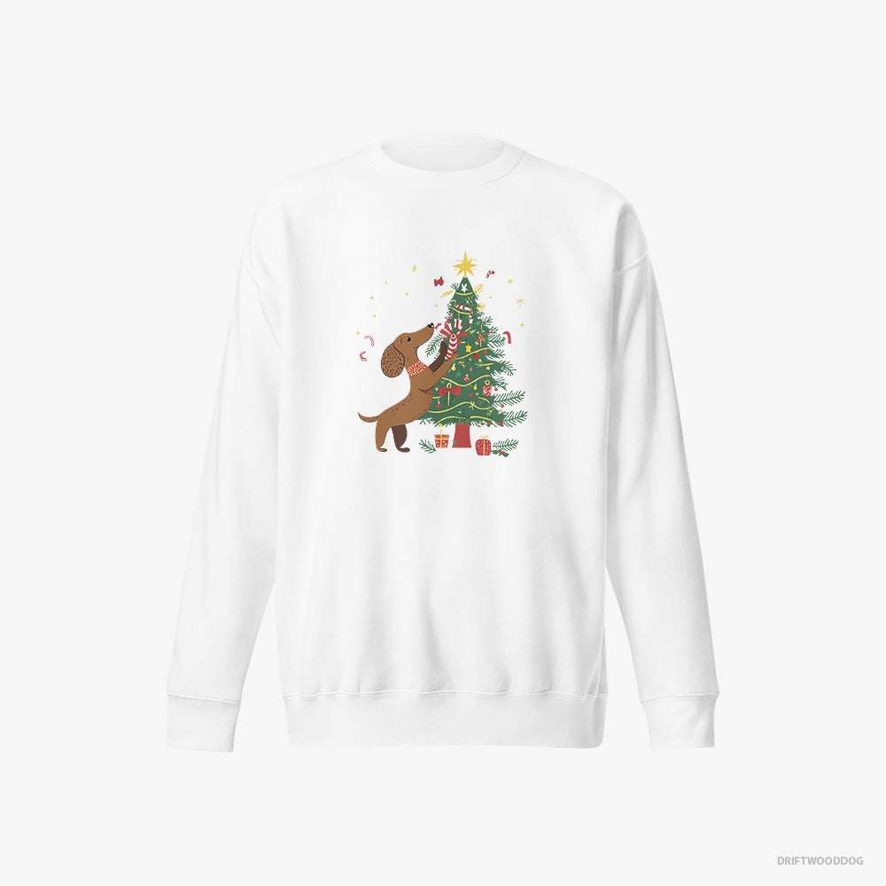 Dachshund Sweatshirt – Men White Sweatshirt Eco-Friendly – Decorating the Christmas Tree (on White Background)