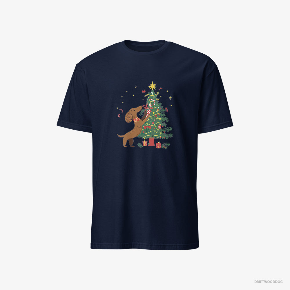 Dachshund T-Shirt – Men Navy T-Shirt Classic – Decorating the Christmas Tree (on White Background)