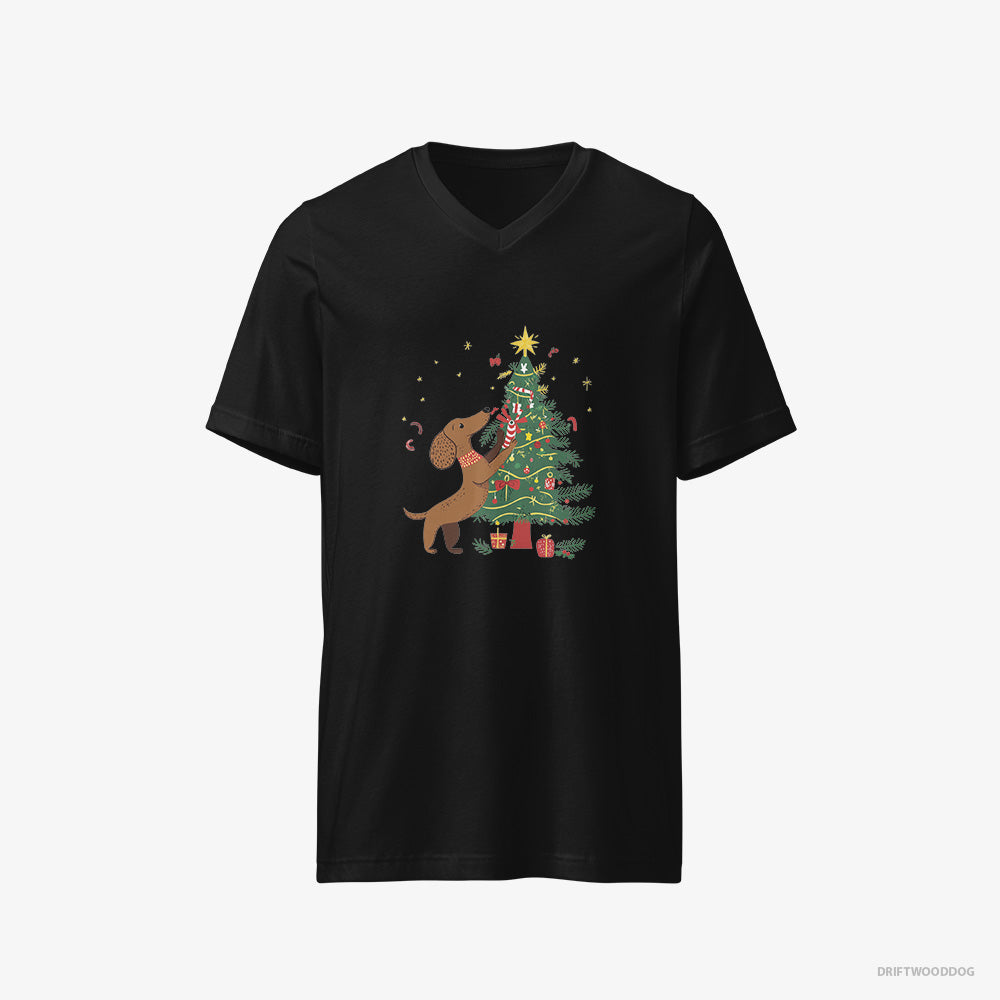 Dachshund T-Shirt – Men Black T-Shirt V-Neck – Decorating the Christmas Tree (on White Background)