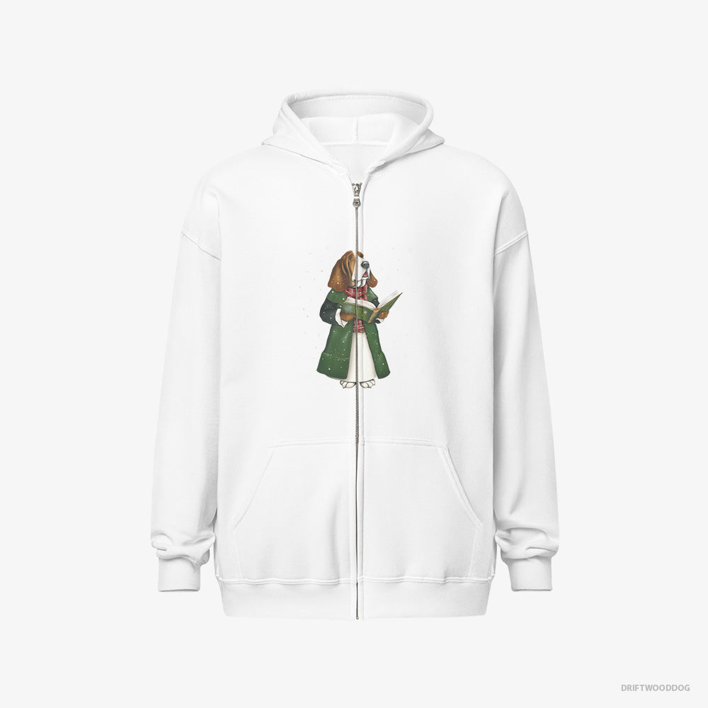 Basset Hound Hoodie – Men White Hoodie Full-Zip – Joyfully Singing Christmas Songs (on White Background)