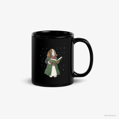 Basset Hound Mug – Unisex Black Mug Classic – Joyfully Singing Christmas Songs (on White Background)