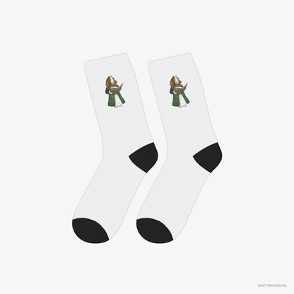 Basset Hound Socks – Unisex White Socks Classic – Joyfully Singing Christmas Songs (on White Background)