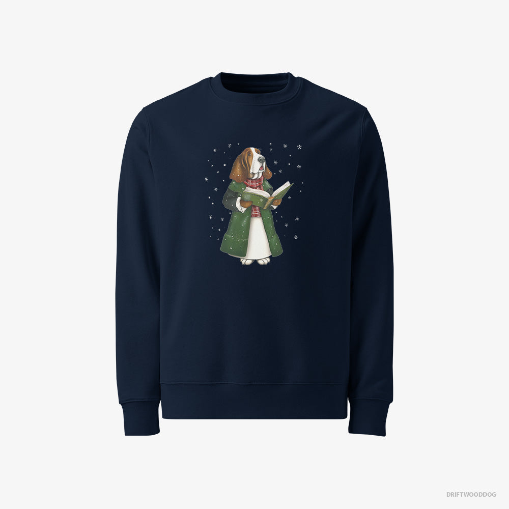 Basset Hound Sweatshirt – Men Navy Sweatshirt Classic – Joyfully Singing Christmas Songs (on White Background)