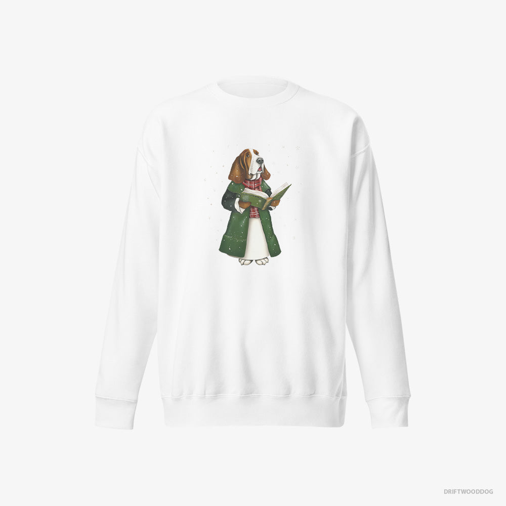 Basset Hound Sweatshirt – Men White Sweatshirt Eco-Friendly – Joyfully Singing Christmas Songs (on White Background)