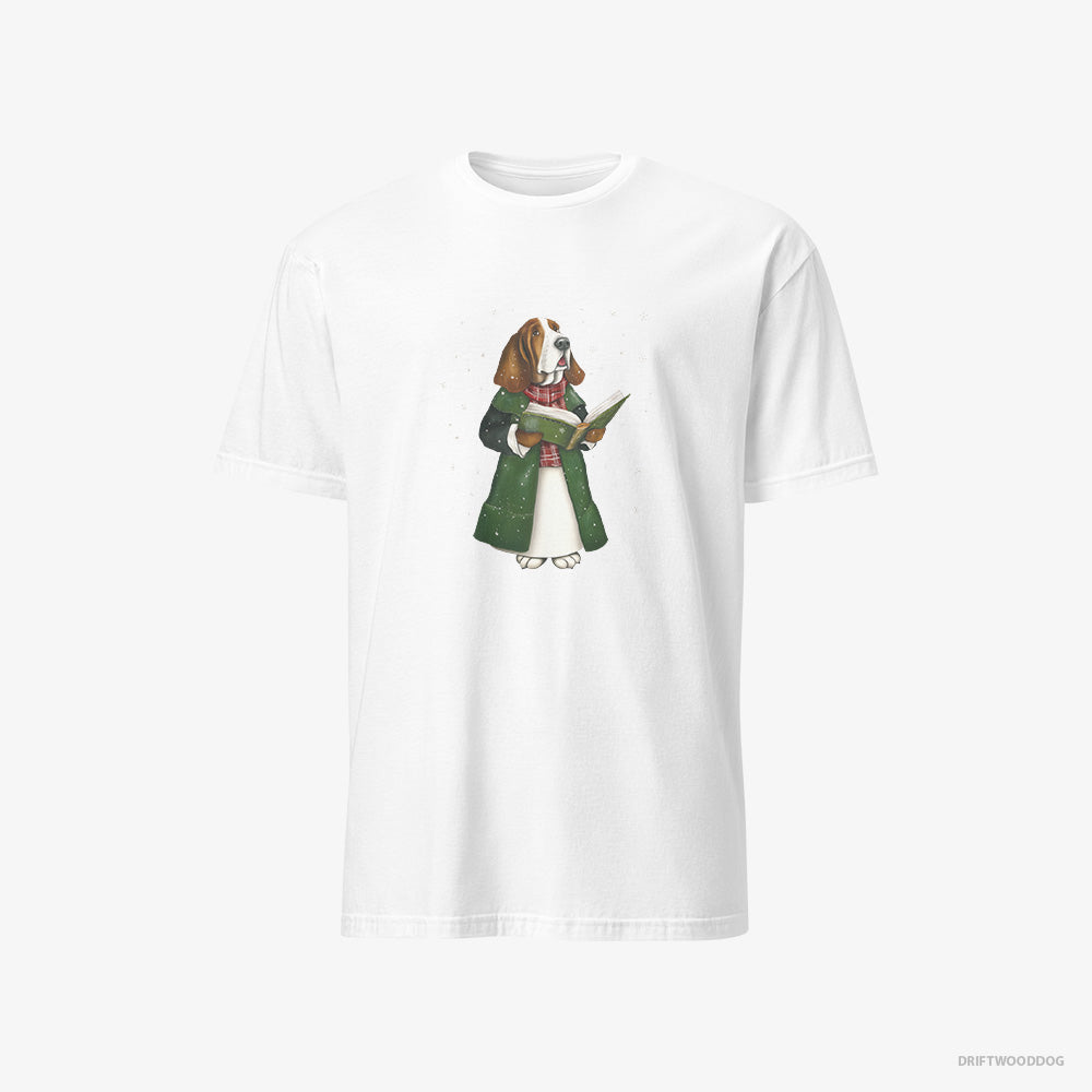 Basset Hound T-Shirt – Men White T-Shirt Classic – Joyfully Singing Christmas Songs (on White Background)