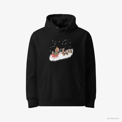 Yorkshire Terrier Hoodie – Men Black Hoodie Eco-Friendly – Racing on a Sled with Puppies (on White Background)