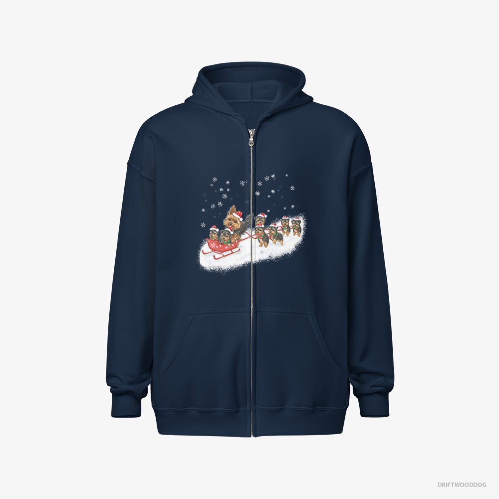 Yorkshire Terrier Hoodie – Men Navy Hoodie Full-Zip – Racing on a Sled with Puppies (on White Background)