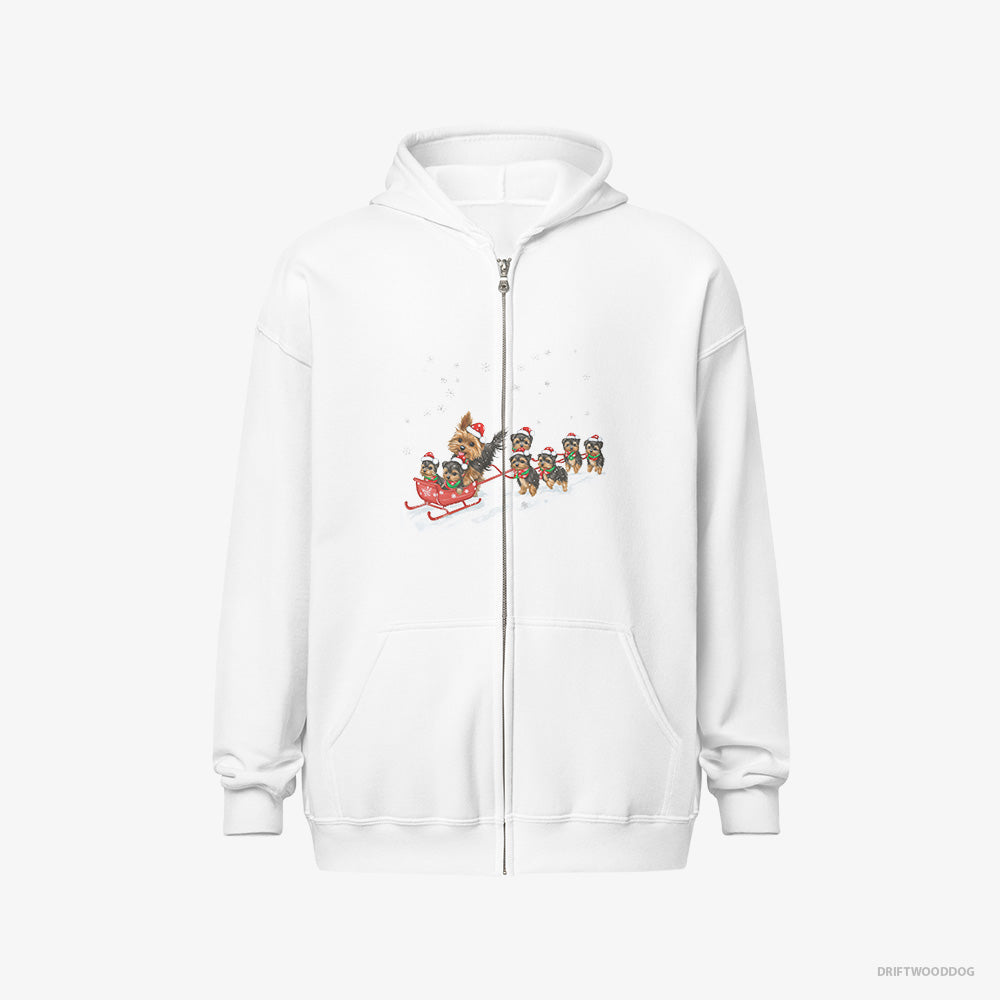 Yorkshire Terrier Hoodie – Men White Hoodie Full-Zip – Racing on a Sled with Puppies (on White Background)