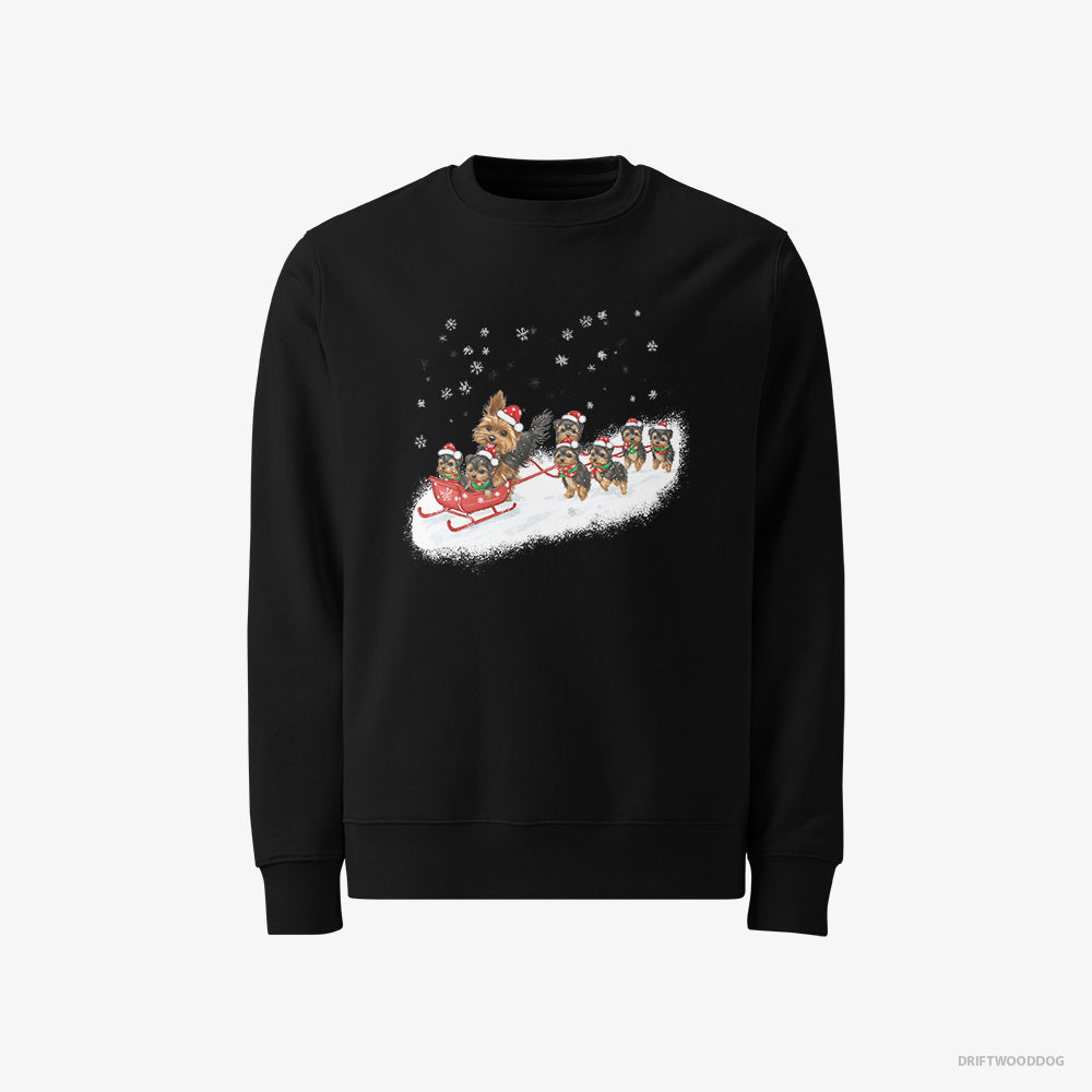 Yorkshire Terrier Sweatshirt – Men Black Sweatshirt Classic – Racing on a Sled with Puppies (on White Background)