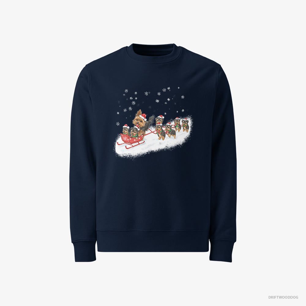 Yorkshire Terrier Sweatshirt – Men Navy Sweatshirt Classic – Racing on a Sled with Puppies (on White Background)