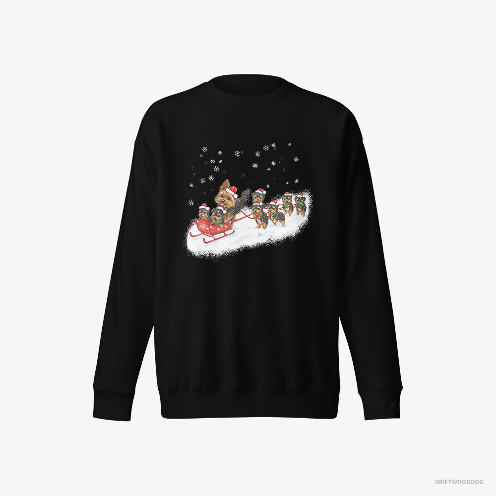 Yorkshire Terrier Sweatshirt – Men Black Sweatshirt Eco-Friendly – Racing on a Sled with Puppies (on White Background)