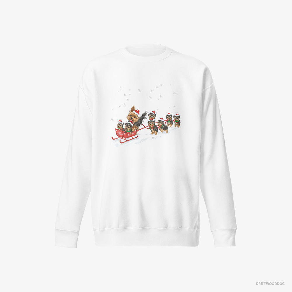 Yorkshire Terrier Sweatshirt – Men White Sweatshirt Eco-Friendly – Racing on a Sled with Puppies (on White Background)