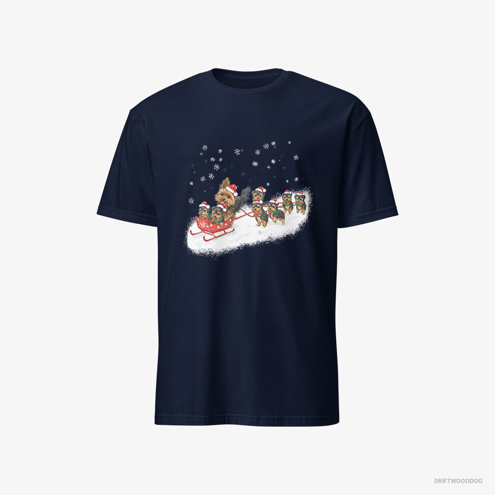 Yorkshire Terrier T-Shirt – Men Navy T-Shirt Classic – Racing on a Sled with Puppies (on White Background)