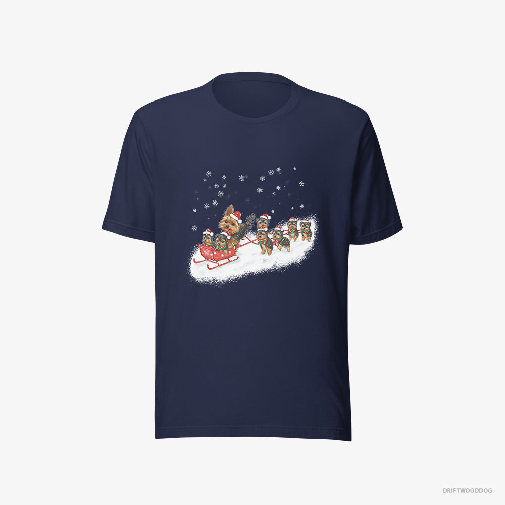 Yorkshire Terrier T-Shirt – Men Navy T-Shirt Eco-Friendly – Racing on a Sled with Puppies (on White Background)