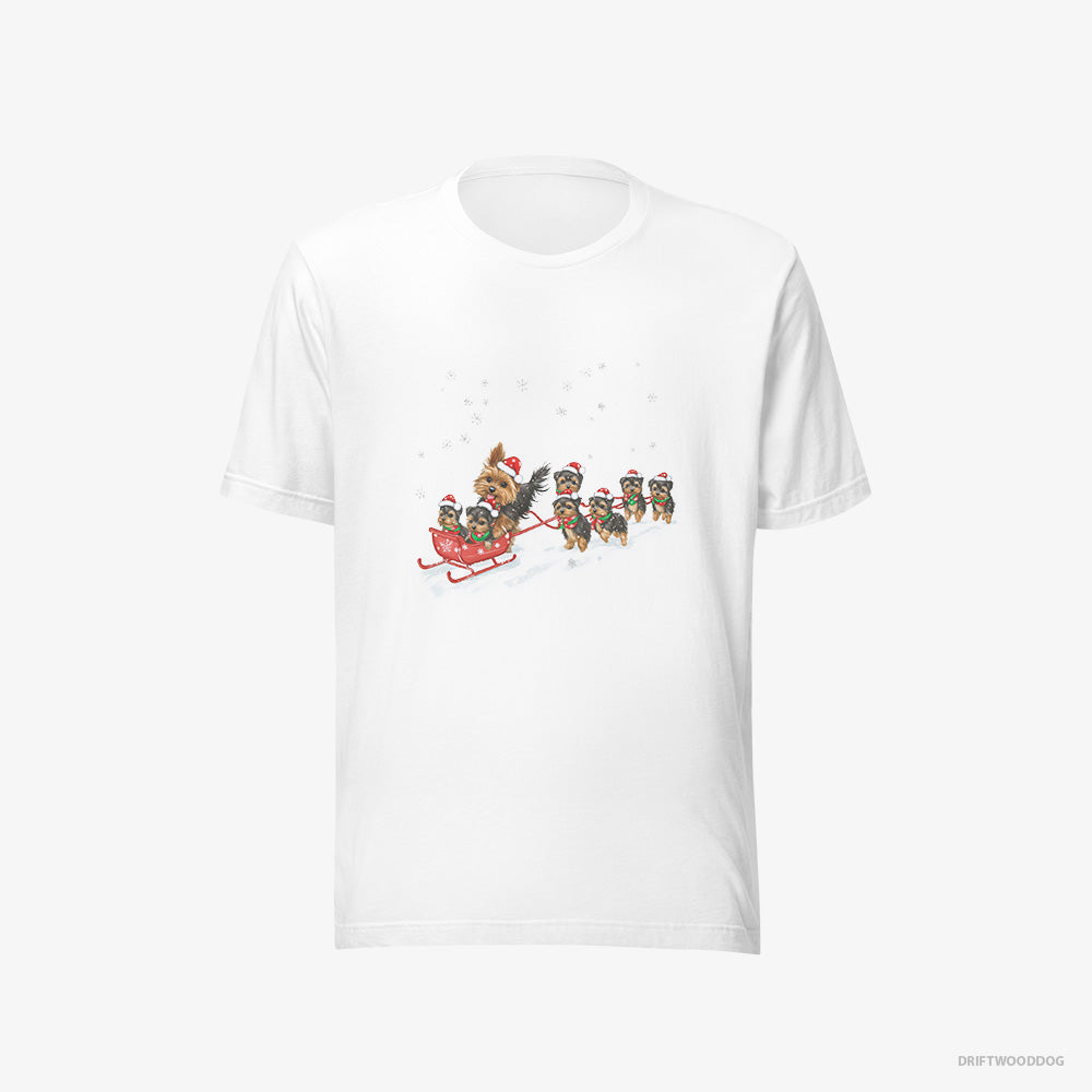 Yorkshire Terrier T-Shirt – Men White T-Shirt Eco-Friendly – Racing on a Sled with Puppies (on White Background)