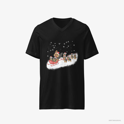 Yorkshire Terrier T-Shirt – Men Black T-Shirt V-Neck – Racing on a Sled with Puppies (on White Background)