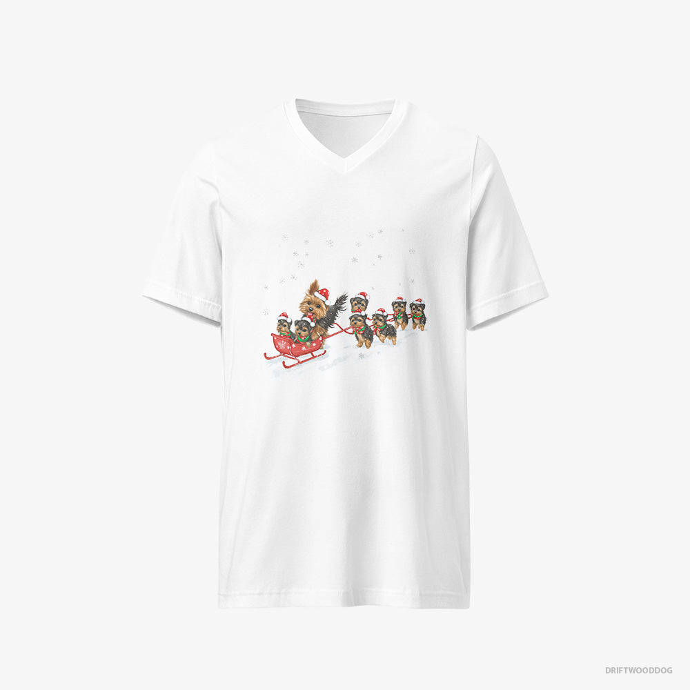 Yorkshire Terrier Racing on a Sled with Puppies V-Neck T-Shirt