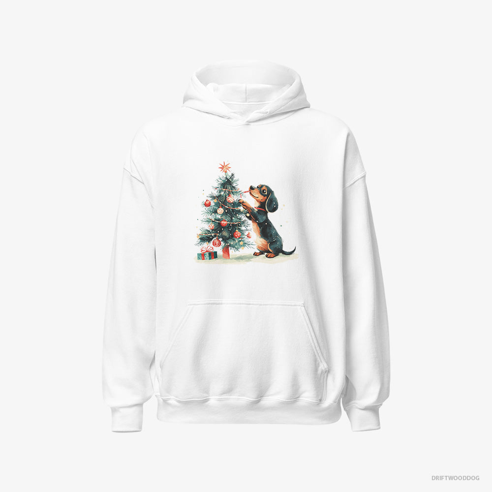 Dachshund Hoodie – Men White Hoodie Classic – Styling the Christmas Tree (on White Background)